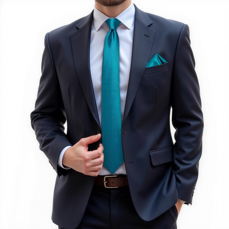 DiBanGu Mens Solid Color Tie and Pocket Square Set Woven Silk Plain Necktie & Handkerchief for Men Wedding Party Formal, Turquoise - Image 2